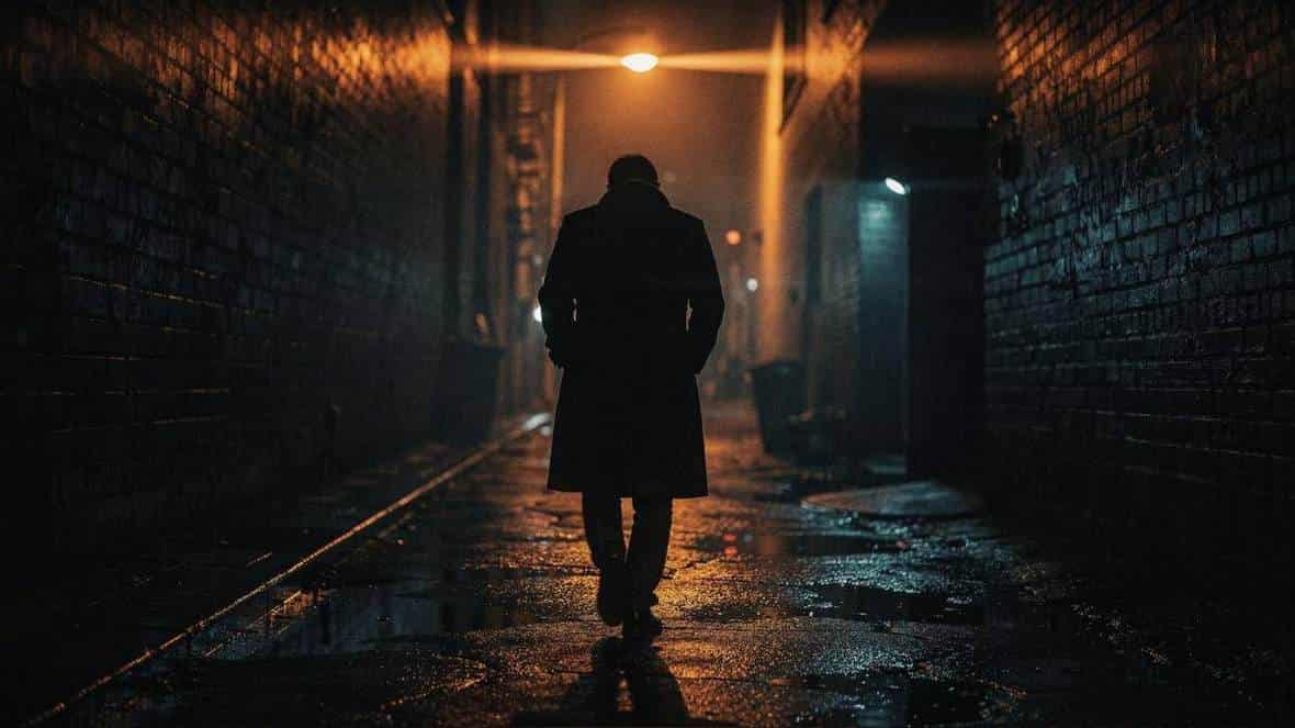 A lone figure walking down a sodium-lit, rain-slicked alley at night, generated in Omnibo