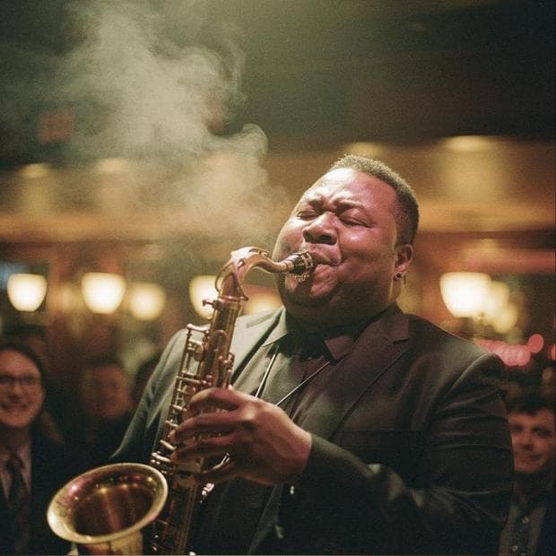 A saxophonist under amber stage light in a small jazz club, generated in Omnibo