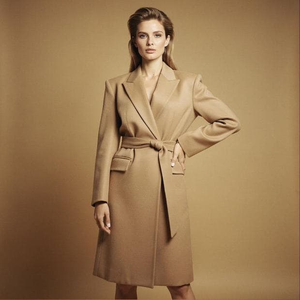 A camel wool coat photographed as a fashion editorial on a warm sand backdrop, generated in Omnibo