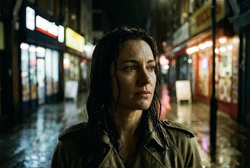 The same rain-wet street portrait brief again, with warmer shopfront light behind the subject