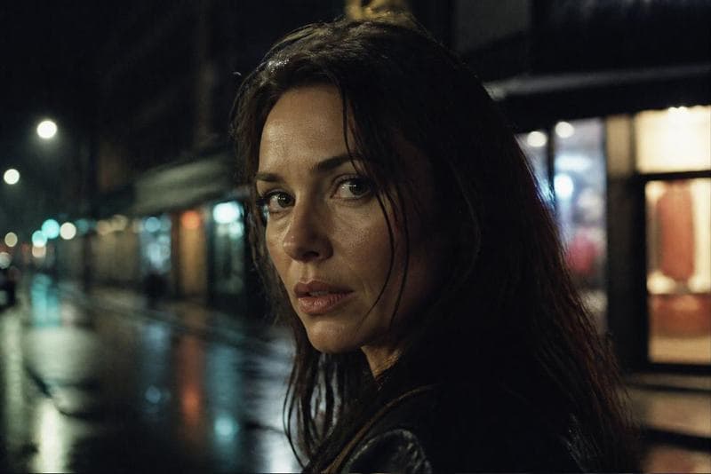 The same rain-wet street portrait brief, interpreted by a different image model