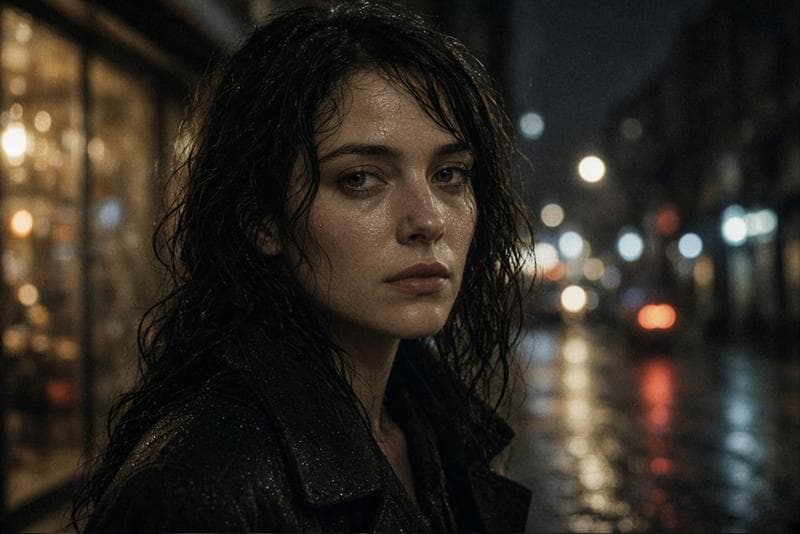 The same rain-wet street portrait brief, rendered with harder contrast and a colder key